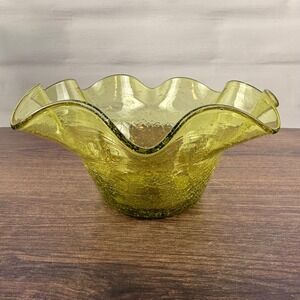 Blenko 3744-X Chartreuse Crackle Glass Ruffled Bowl Pre-Designer